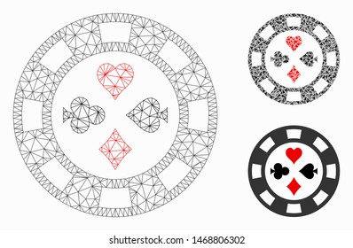 Mesh poker casino chip model with triangle mosaic icon. Wire carcass triangular mesh of poker casino chip. Vector collage of triangle parts in various sizes, and color tints.