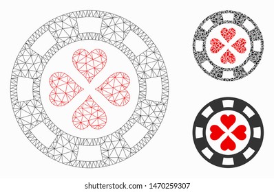 Mesh poker casino chip model with triangle mosaic icon. Wire frame triangular mesh of poker casino chip. Vector collage of triangle parts in various sizes, and color hues.