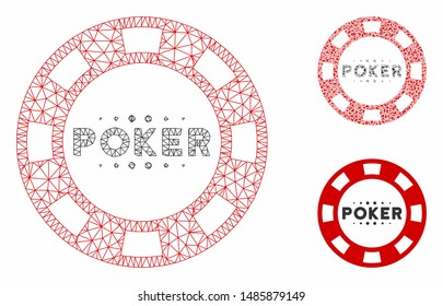 Mesh poker casino chip model with triangle mosaic icon. Wire frame polygonal network of poker casino chip. Vector mosaic of triangle parts in various sizes, and color hues.
