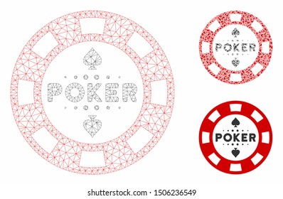 Mesh poker casino chip model with triangle mosaic icon. Wire frame polygonal mesh of poker casino chip. Vector mosaic of triangles in various sizes, and color tints.