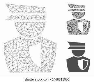 Mesh police man model with triangle mosaic icon. Wire frame polygonal mesh of police man. Vector mosaic of triangle parts in different sizes, and color shades. Abstract flat mesh police man,