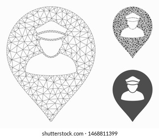 Mesh policeman map marker model with triangle mosaic icon. Wire carcass triangular mesh of policeman map marker. Vector mosaic of triangles in different sizes, and color tints.