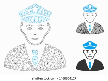 Mesh policeman model with triangle mosaic icon. Wire carcass triangular mesh of policeman. Vector mosaic of triangle elements in different sizes, and color hues. Abstract flat mesh policeman,