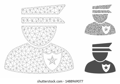 Mesh policeman model with triangle mosaic icon. Wire frame polygonal network of policeman. Vector mosaic of triangle parts in variable sizes, and color tints. Abstract 2d mesh policeman,