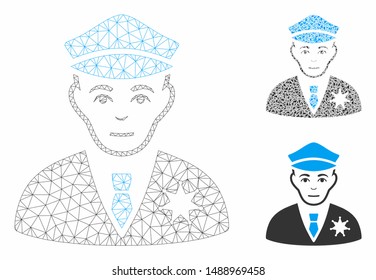 Mesh policeman model with triangle mosaic icon. Wire carcass triangular mesh of policeman. Vector mosaic of triangle elements in various sizes, and color tints. Abstract flat mesh policeman,