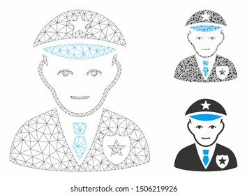 Mesh policeman model with triangle mosaic icon. Wire carcass triangular mesh of policeman. Vector mosaic of triangle parts in different sizes, and color tones. Abstract flat mesh policeman,