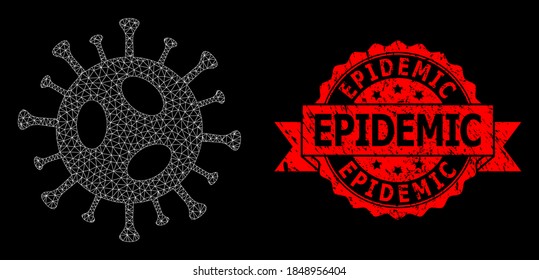 Mesh polygonal 2019-ncov virus on a black background, and Epidemic textured ribbon seal. Red seal has Epidemic tag inside ribbon. Vector model created from 2019-ncov virus icon with mesh.