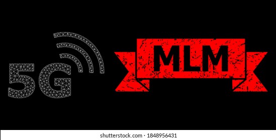 Mesh polygonal 5G symbol on a black background, and Mlm dirty ribbon stamp seal. Red seal includes Mlm title inside ribbon. Vector model created from 5G symbol icon with mesh.