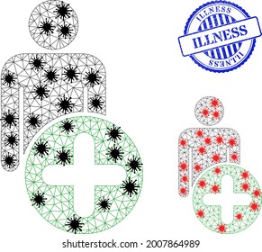 Mesh Polygonal fügen Sie Menschen Figur-Symbole Illustration im Schließfächer-Stil, und Ängstest blauen runden Illness-Stempel. Das Carcass-Modell basiert auf dem Hinzufügen von männlichen Figur-Symbol mit schwarzen und roten Infektionsknoten.