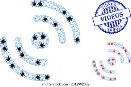 Mesh polygonal air cooler rotation icons illustration in outbreak style, and grunge blue round Videos stamp. Abstraction is created from air cooler rotation icon with black and red infectious centers.