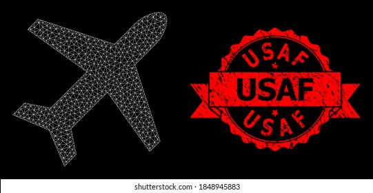 Mesh polygonal airplane on a black background, and USAF unclean ribbon stamp seal. Red seal has USAF tag inside ribbon. Vector model created from airplane icon with mesh.