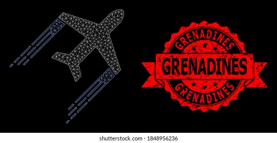 Mesh polygonal airplane trail on a black background, and Grenadines corroded ribbon seal imitation. Red stamp seal has Grenadines tag inside ribbon.