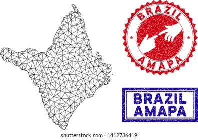 Mesh polygonal Amapa state map and grunge seal stamps. Abstract lines and small circles form Amapa state map vector model. Round red stamp with connecting hands.
