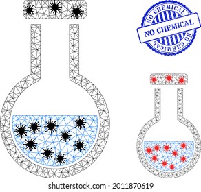 Mesh análisis poligonal de la ilustración de los símbolos de la máscara en el estilo de infección, y color azul grueso sin sello químico. La abstracción se crea a partir del icono del matraz de análisis con centros Covid negros y rojos.