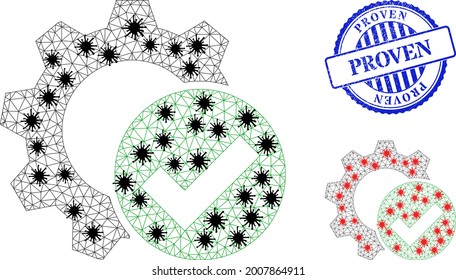 Mesh polygonal apply settings gear icons illustration with infection style, and scratched blue round Proven stamp seal. Model is based on apply settings gear icon with black and red virus items.
