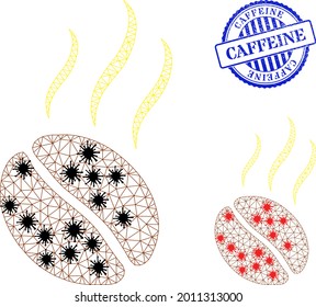 Mesh polygonal aroma coffee bean symbols illustration with infection style, and scratched blue round Caffeine seal. Abstraction is based on aroma coffee bean icon with black and red virus elements.