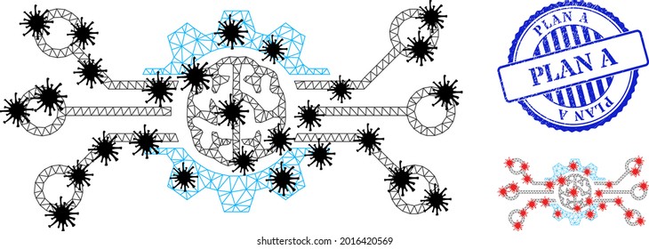 Mesh polygonal artificial intellect symbols illustration in infection style, and grunge blue round Plan A stamp seal. Model is based on artificial intellect icon with black and red infection nodes.