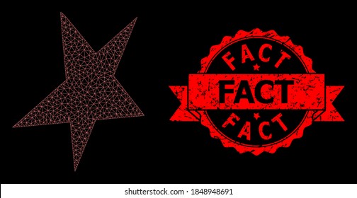 Mesh polygonal asymmetrical star on a black background, and Fact rubber ribbon stamp seal. Red stamp contains Fact title inside ribbon. Vector model created from asymmetrical star icon with mesh.