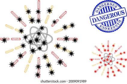 Mesh polygonal atomic radiation symbols illustration with infection style, and rubber blue round Dangerous stamp seal.