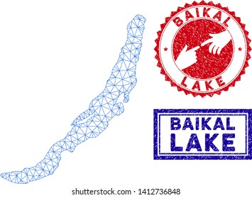 Mesh polygonal Baikal Lake map and grunge seal stamps. Abstract lines and spheric points form Baikal Lake map vector model. Round red stamp with connecting hands.