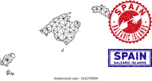 Mesh polygonal Balearic Islands map and grunge seal stamps. Abstract lines and spheric points form Balearic Islands map vector model. Round red stamp with connecting hands.