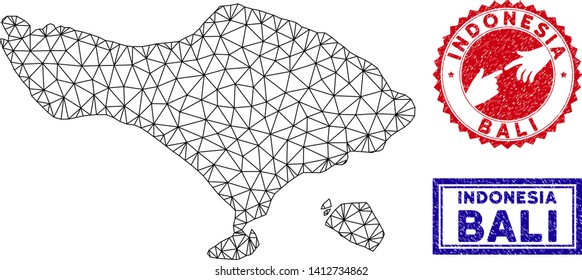 Mesh polygonal Bali map and grunge seal stamps. Abstract lines and dots form Bali map vector model. Round red stamp with connecting hands.