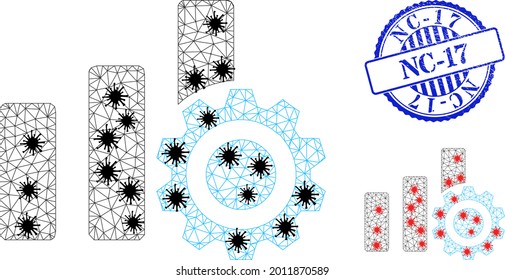 Mesh polygonal bar chart settings icons illustration in infection style, and rubber blue round Nc-17 badge. Carcass model is based on bar chart settings icon with black and red virus elements.