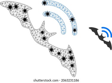 Mesh polygonal bat ultrasound icon illustration in infection style. Abstraction is based on bat ultrasound icon with black infection elements.