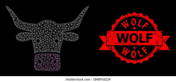 Mesh polygonal beef head on a black background, and Wolf rubber ribbon seal print. Red stamp contains Wolf tag inside ribbon. Vector constellation created from beef head icon with mesh.