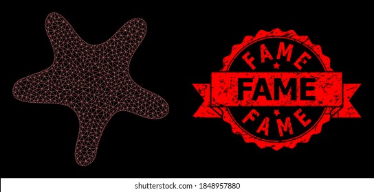 Mesh polygonal bent star on a black background, and Fame unclean ribbon watermark. Red seal contains Fame tag inside ribbon. Vector model created from bent star icon with mesh.