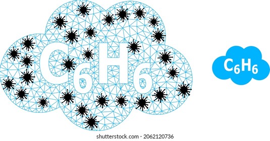 Mesh polygonal benzene cloud icon illustration in lockdown style. Carcass model is created from benzene cloud icon with black Covid items.