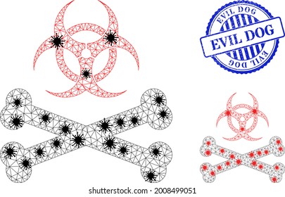 Mesh polygonal biohazard bones symbols illustration with outbreak style, and textured blue round Evil Dog stamp seal.