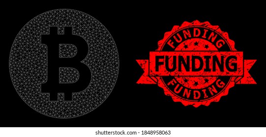 Mesh polygonal bitcoin coin on a black background, and Funding scratched ribbon seal imitation. Red stamp seal includes Funding tag inside ribbon.