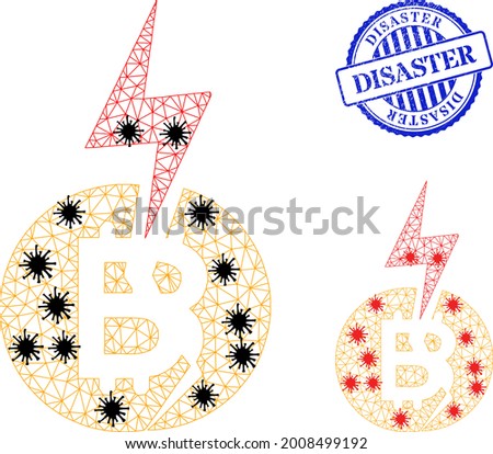 Mesh polygonal bitcoin crash symbols illustration designed using infection style, and distress blue round Disaster badge.