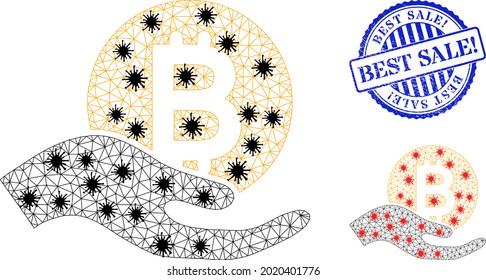 Mesh polygonal bitcoin donation hand symbols illustration with outbreak style, and textured blue round Best Sale Exclamation stamp.