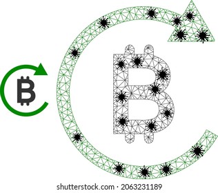 Mesh polygonal bitcoin repay icon illustration designed using infection style. Carcass model is based on bitcoin repay icon with black infection centers.