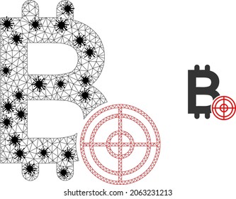 Ilustración del icono de la malla de bitcoin poligonal en el estilo de infección. El modelo se basa en el icono de destino de bitcoin con centros de virus negros.