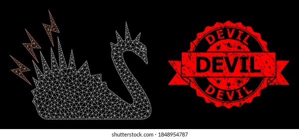Mesh polygonal black danger swan on a black background, and Devil unclean ribbon watermark. Red stamp includes Devil title inside ribbon. Vector model created from black danger swan icon with mesh.