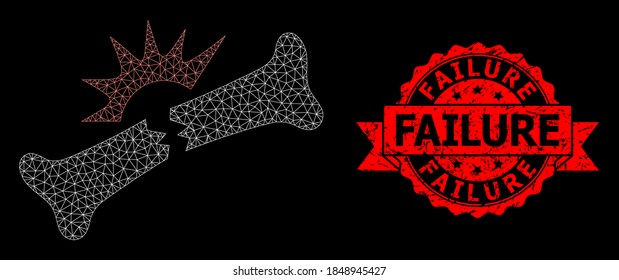 Fractura de hueso poligonal de malla en un fondo negro y sello de cinta corroido por fallo. El sello rojo contiene texto de fallo dentro de la cinta. Modelo vectorial creado a partir del icono de la fractura ósea con malla.