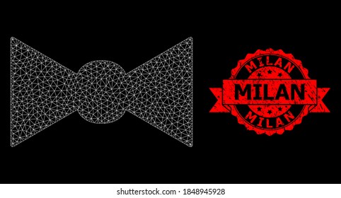 Mesh polygonal bow tie on a black background, and Milan rubber ribbon seal imitation. Red stamp seal has Milan text inside ribbon. Vector constellation created from bow tie icon with triangular net.