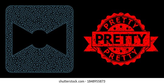 Correa de arco poligonal de malla sobre un fondo negro y sello de cinta bastante sucia. El sello rojo contiene una etiqueta linda dentro de la cinta. Modelo vectorial creado a partir del icono de la corbata con malla.