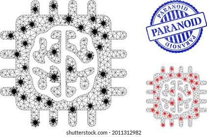 Mesh polygonal brain chip symbols illustration with infection style, and scratched blue round Paranoid badge. Carcass model is based on brain chip icon with black and red coronavirus nodes.