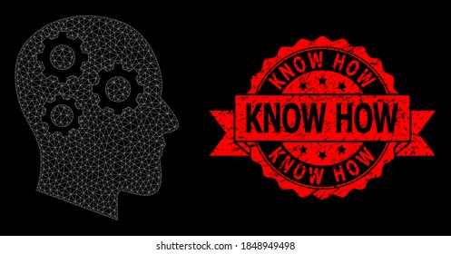 Mesh polygonal brain gears on a black background, and Know How textured ribbon seal. Red stamp seal contains Know How text inside ribbon. Vector constellation created from brain gears icon with mesh.