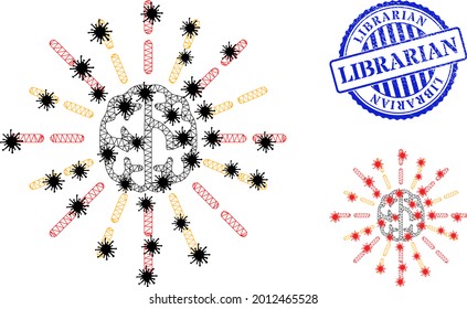 Mesh polygonal brain shine symbols illustration in infection style, and rubber blue round Librarian stamp seal. Model is based on brain shine icon with black and red infection elements.