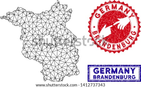 Mesh polygonal Brandenburg Land map and grunge seal stamps. Abstract lines and dots form Brandenburg Land map vector model. Round red stamp with connecting hands.