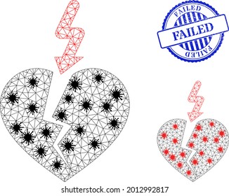 Mesh polygonal break heart icons illustration designed using outbreak style, and grunge blue round Failed stamp. Carcass model is based on break heart icon with black and red Covid elements.