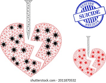 Mesh polygonal break valentine heart symbols illustration in infection style, and scratched blue round Suicide badge.