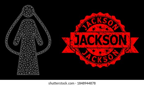 Mesh Polygonal Braut auf schwarzem Hintergrund, und Jackson Gummi Band Stempel-Dichtung. Rote Stempelrobbe enthält Jackson-Bildunterschrift im Band. Vektormodell erstellt aus Brautsymbol mit dreieckigem Netz.