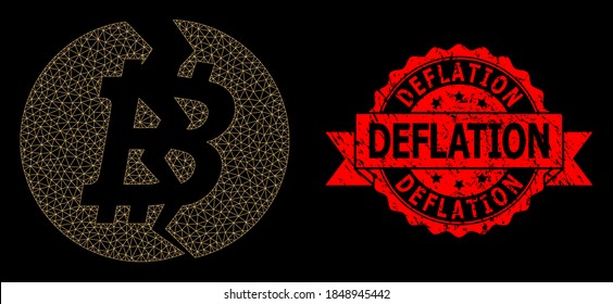 Mesh de bitcoin poligonal roto sobre un fondo negro y sello de la cinta gruesa de la deflación. El sello rojo contiene la etiqueta Deflación dentro de la cinta.