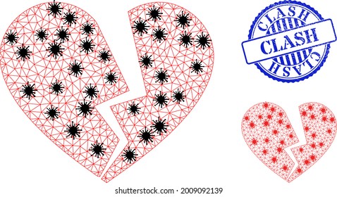 Mesh polygonal broken love heart icons illustration in outbreak style, and grunge blue round Clash stamp seal. Carcass model is based on broken love heart icon with black and red coronavirus nodes.